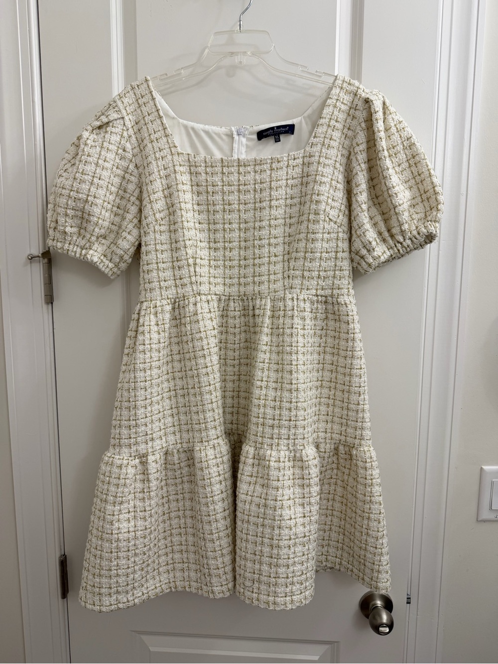 Simply Southern Cream Tweed Puff-Sleeve Tiered Dress